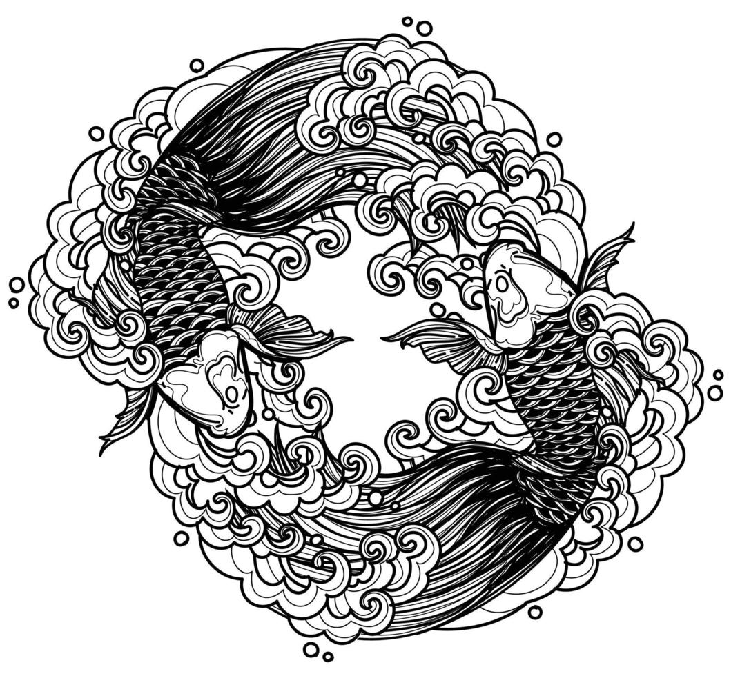 tatuagem arte japão fishs design mão desenho e esboço preto e branco vetor