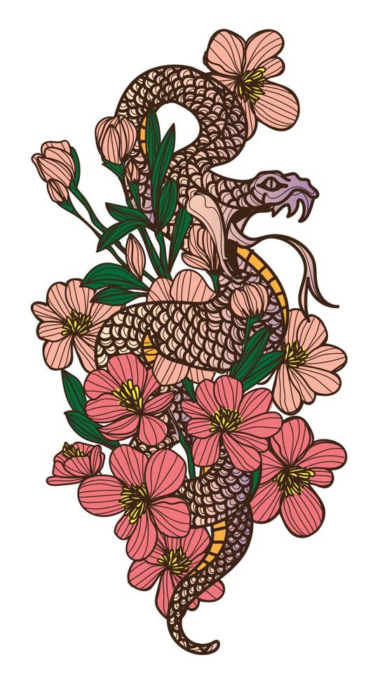 tatuagem arte cobra e flor desenho e esboço cor vintage vetor