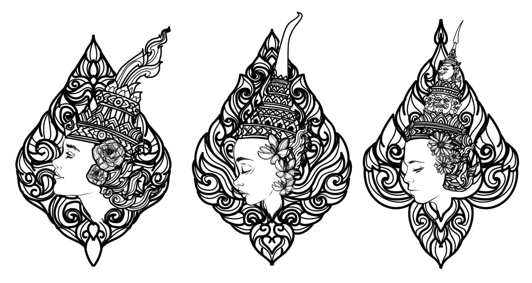 arte de tatuagem mulheres tailandesas definir desenho de mão de flores e esboço em preto e branco vetor