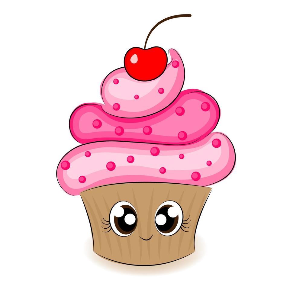 delicioso personagem de cupcake de ar engraçado no estilo kawaii, design brilhante para embrulho com estampa de t-shirt e estilo de desenho animado de alimentos de sobremesa engraçado isolado no fundo branco. ilustração vetorial vetor