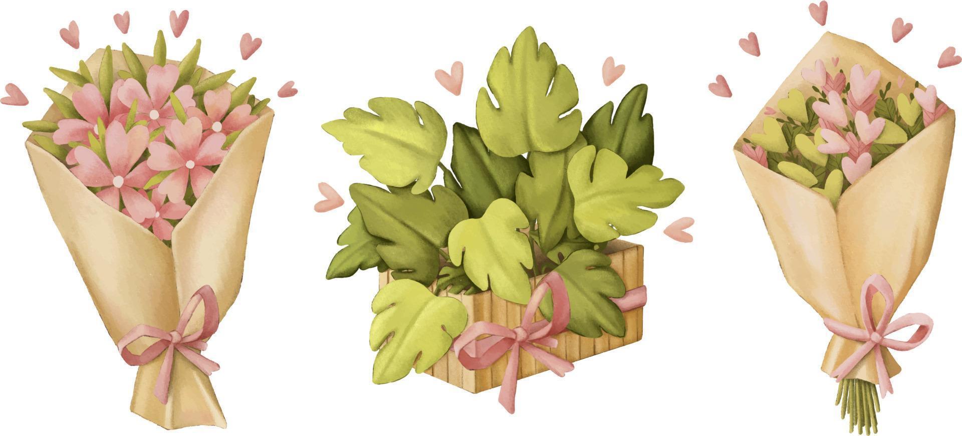 conjunto de clipart de flores e plantas desenhadas a lápis bonito vetor