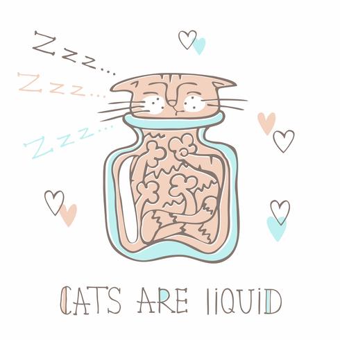 Gato dormindo em uma jarra de vidro. Estilo bonito. Gatos são líquidos. Inscrição. Vetor