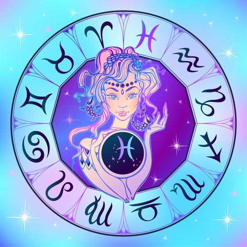 Zodiac sign Pisces uma linda garota. Horóscopo. Astrologia. Vetor. vetor