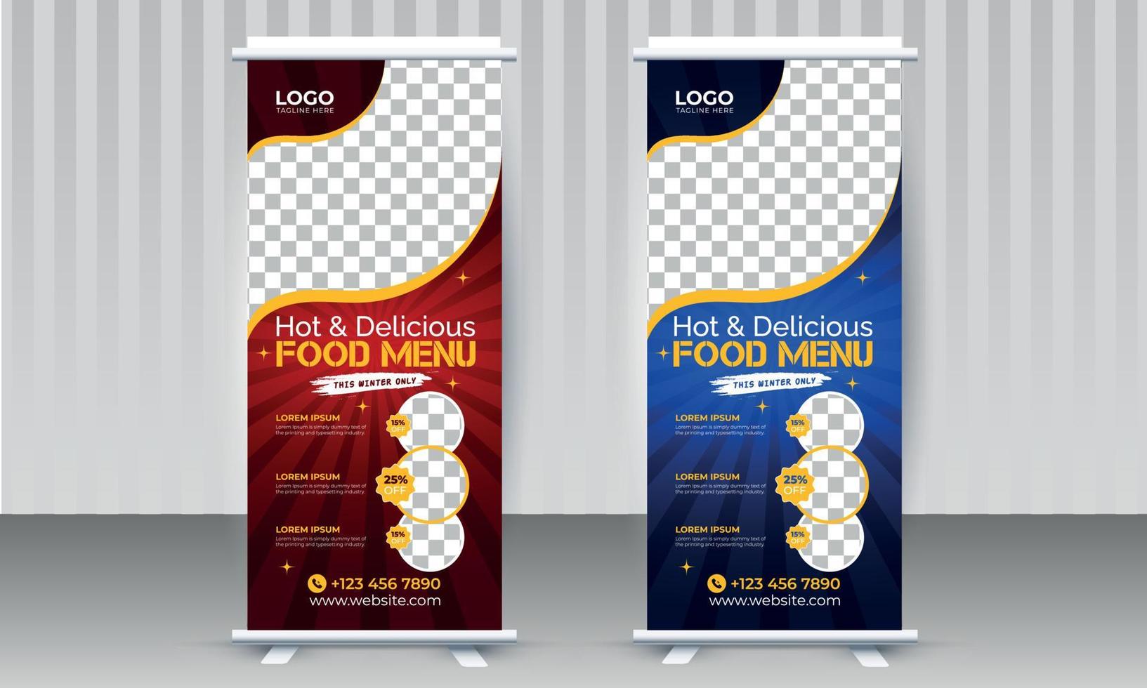 modelo de design de banner de roll-up de oferta de comida atraente moderna para negócios de restaurante e café com dois esquemas de cores gradientes diferentes vermelho e azul vetor