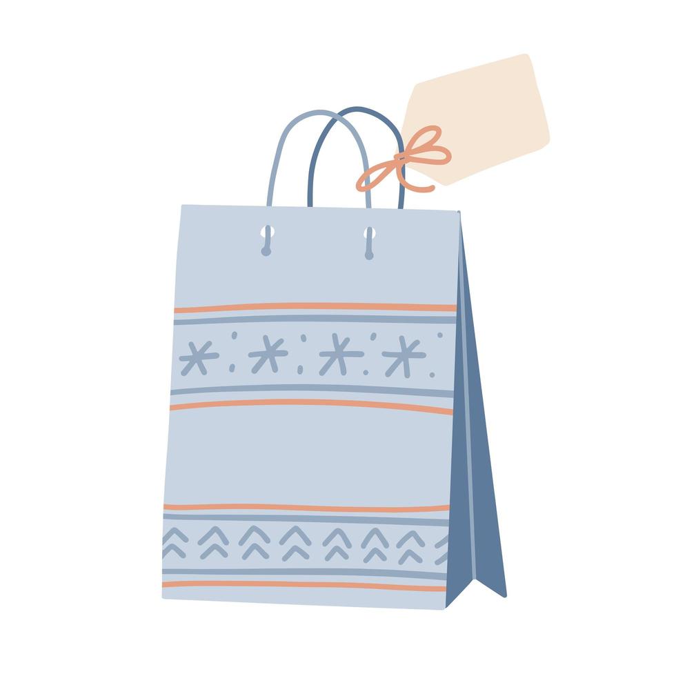 saco de papel festivo decorado com uma árvore de natal e flocos de neve. elemento isolado à mão livre. ilustração em vetor plana. apenas 5 cores - fácil de recolorir.