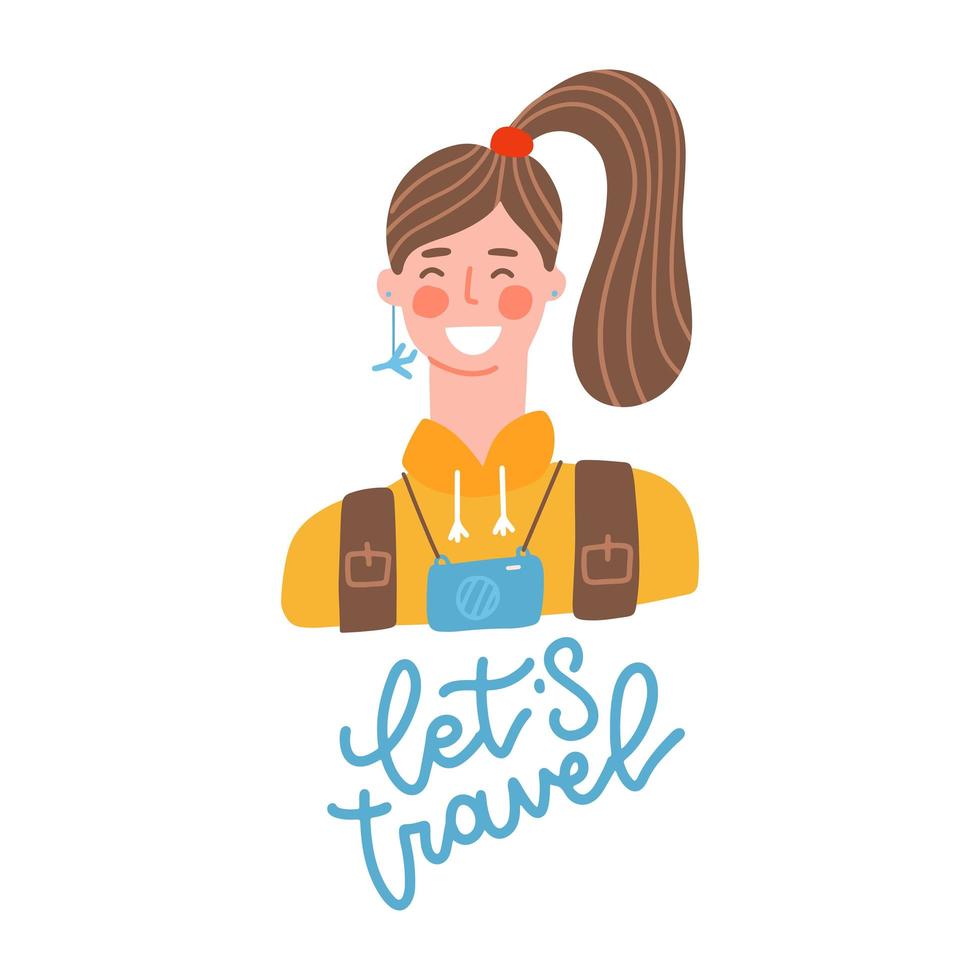 um jovem viajante morena com mochila. vamos viajar citação. conceito de viajar, caminhadas, trekking e outras atividades ao ar livre. ideia de cartão postal. ilustração vetorial plana. vetor