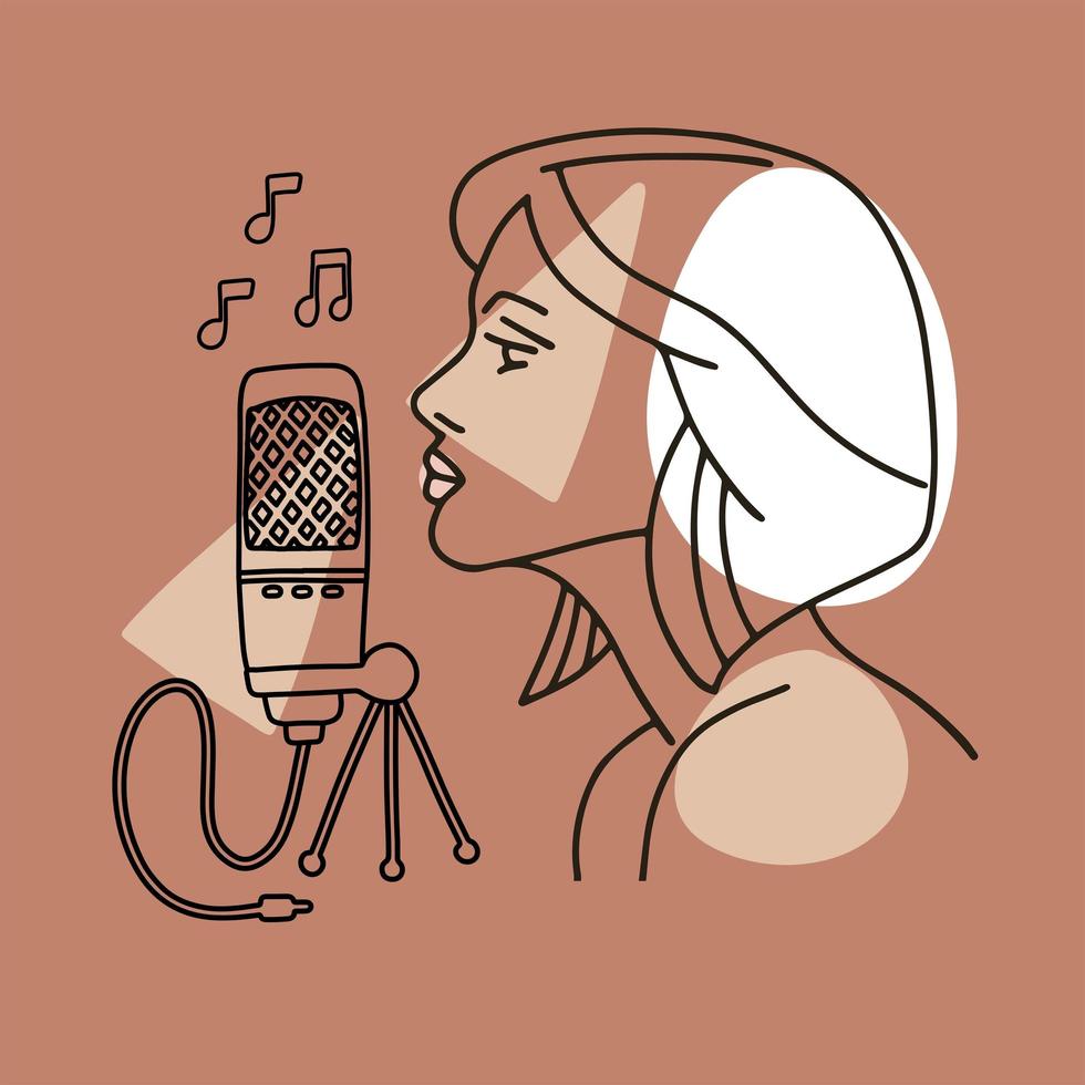 ilustração linear na moda de uma silhueta de perfil de menina cantando para um microfone retrô. yoe mulher canta uma canção. formas abstratas com linhas em tons pastel. imagem vetorial para avatar. vetor