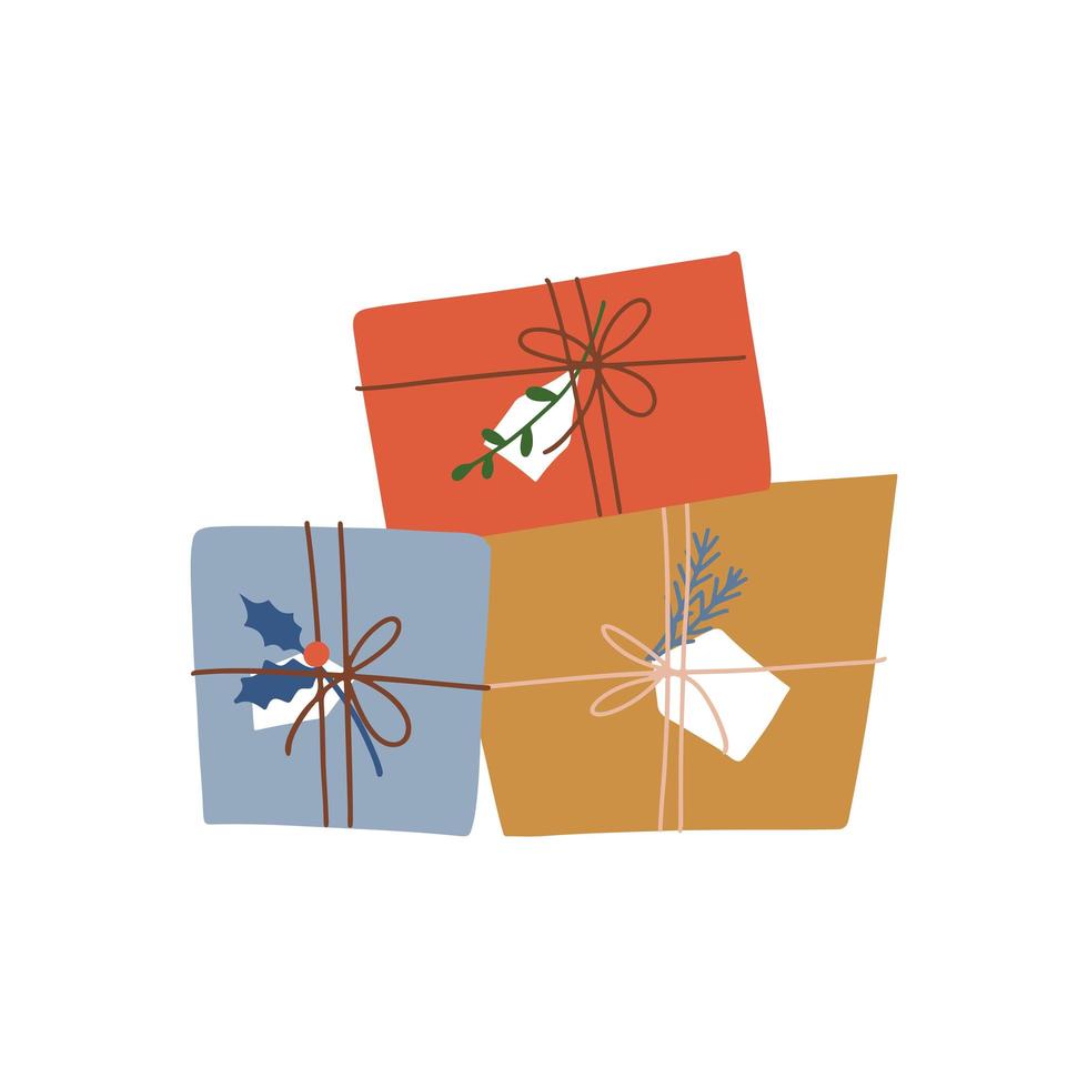 pequena pilha de desenhos animados de caixas de presente de feriado. conceito isolado para banner de natal para o feriado. projeto de artesanato. ilustração vetorial plana mão desenhada isolada no fundo branco. vetor