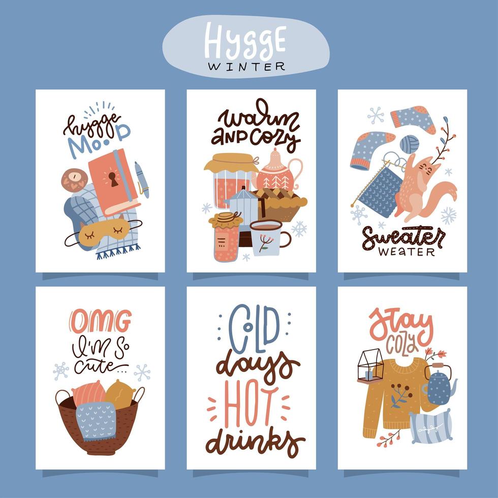 conjunto de cartões ou cartazes de inverno hygge. elementos domésticos bonitos e aconchegantes. tipografia motivacional com citações de letras. ilustrações de estilo vetorial plana escandinava. vetor