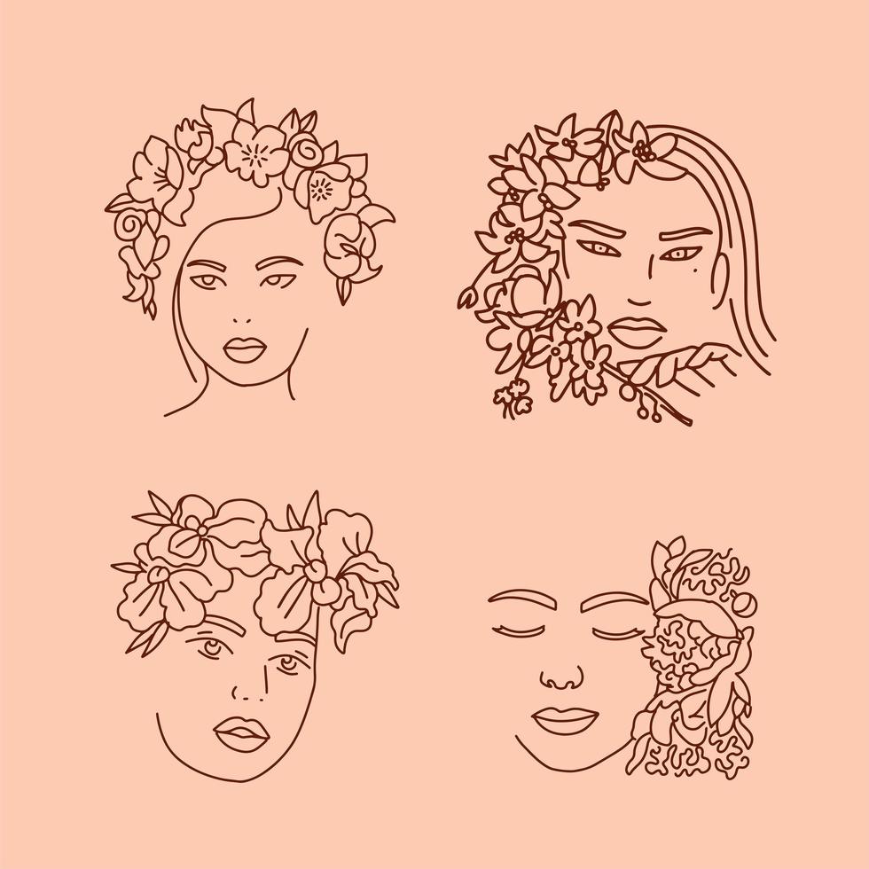 rostos de mulheres elegantes em um estilo de arte de linha com flores nos cabelos. arte de linha contínua em estilo minimalista para impressões, cartazes, cartões. linda ilustração desenhada à mão em vetor de moda feminina
