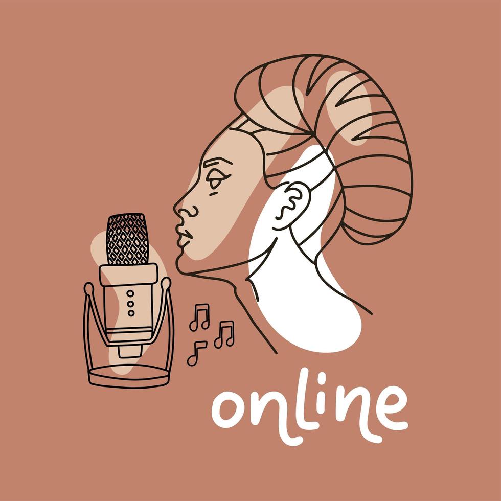 mulher com um microfone em um fundo bege pastel, vocalista. ilustração em vetor linear na moda. bela jovem canta online.