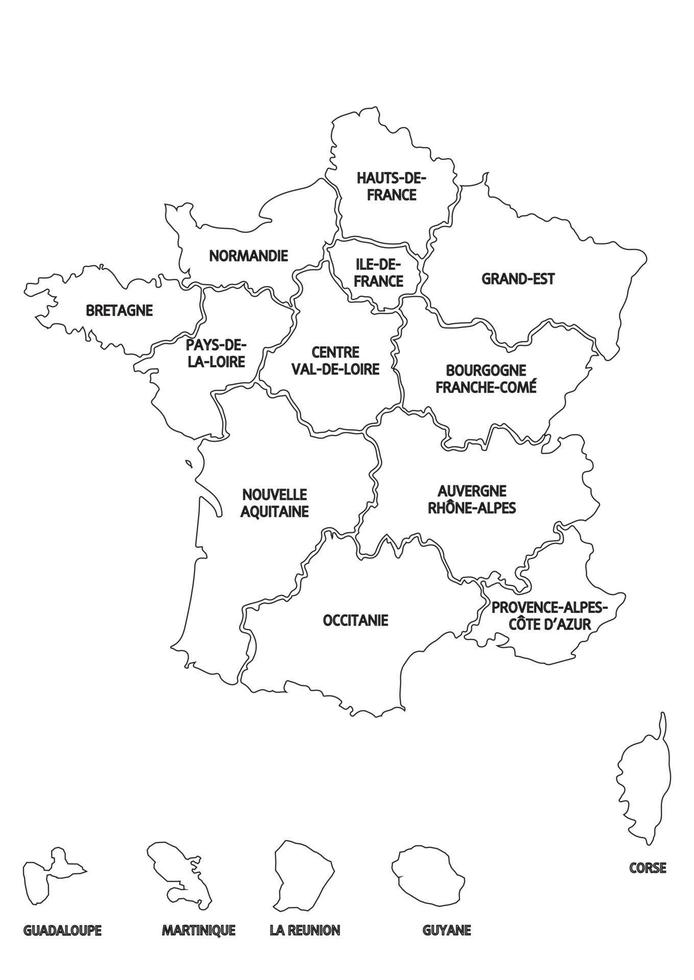 mapa preto e branco da frança com regiões vetor