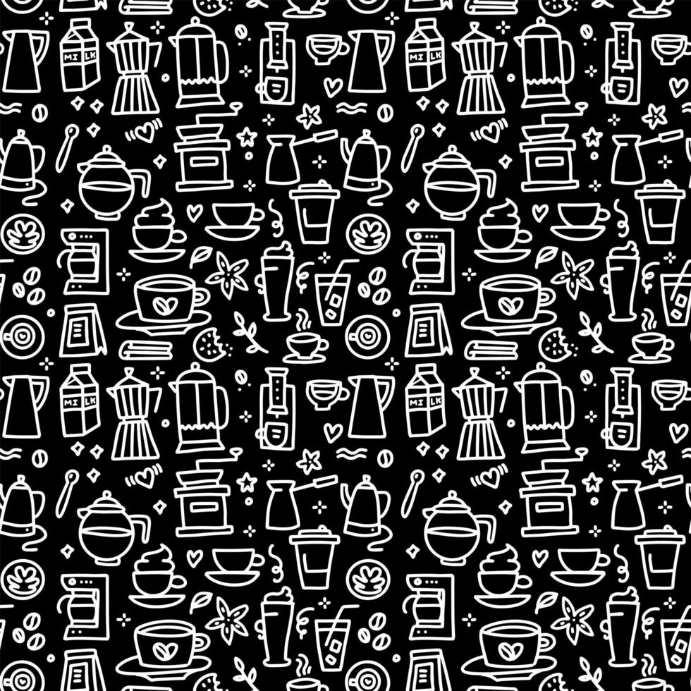 padrão sem emenda de quadro-negro com design de elementos de café - doodle copos, bebidas quentes, imprensa francesa, cervejeiro, feijão, moinho de café para menu de café. letras brancas em preto. ilustração vetorial mão desenhada. vetor