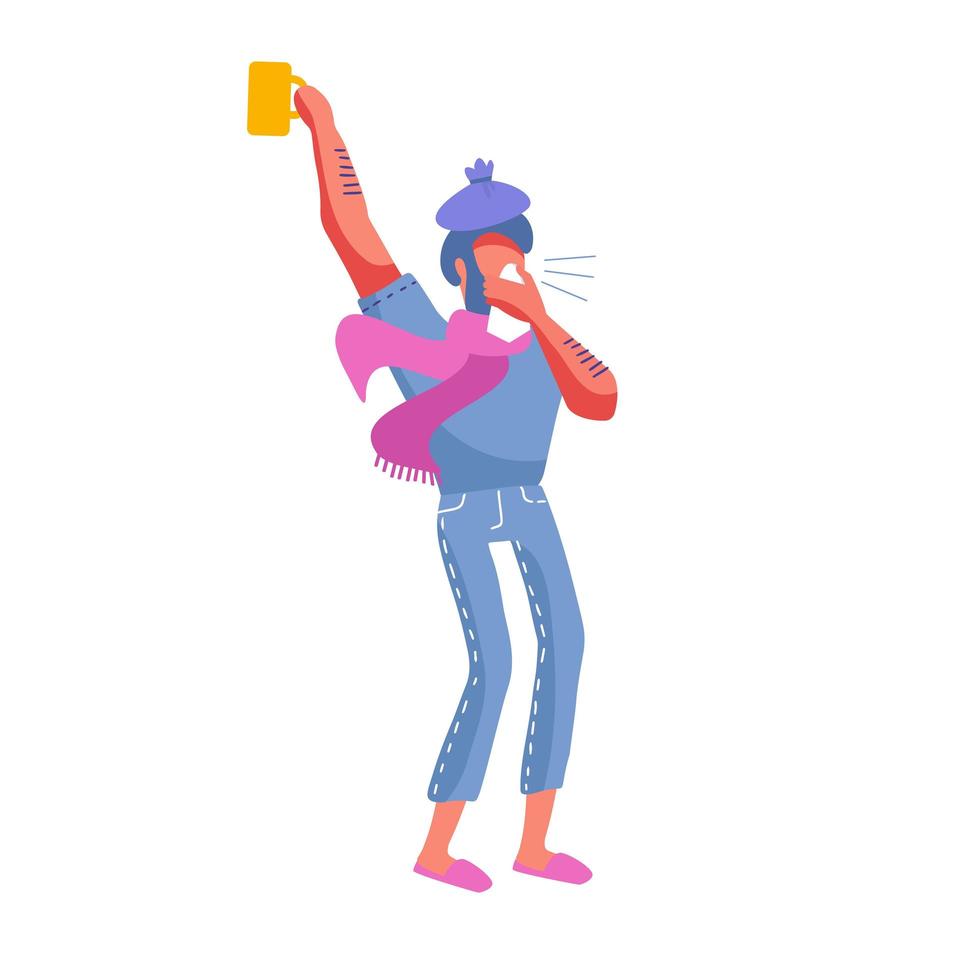 homem tendo um resfriado. um cara de lenço rosa curvando-se no lenço com um copo de gelo na cabeça. personagem humano masculino com caneca de bebida quente no fundo branco. ilustração em vetor plana dos desenhos animados modernos