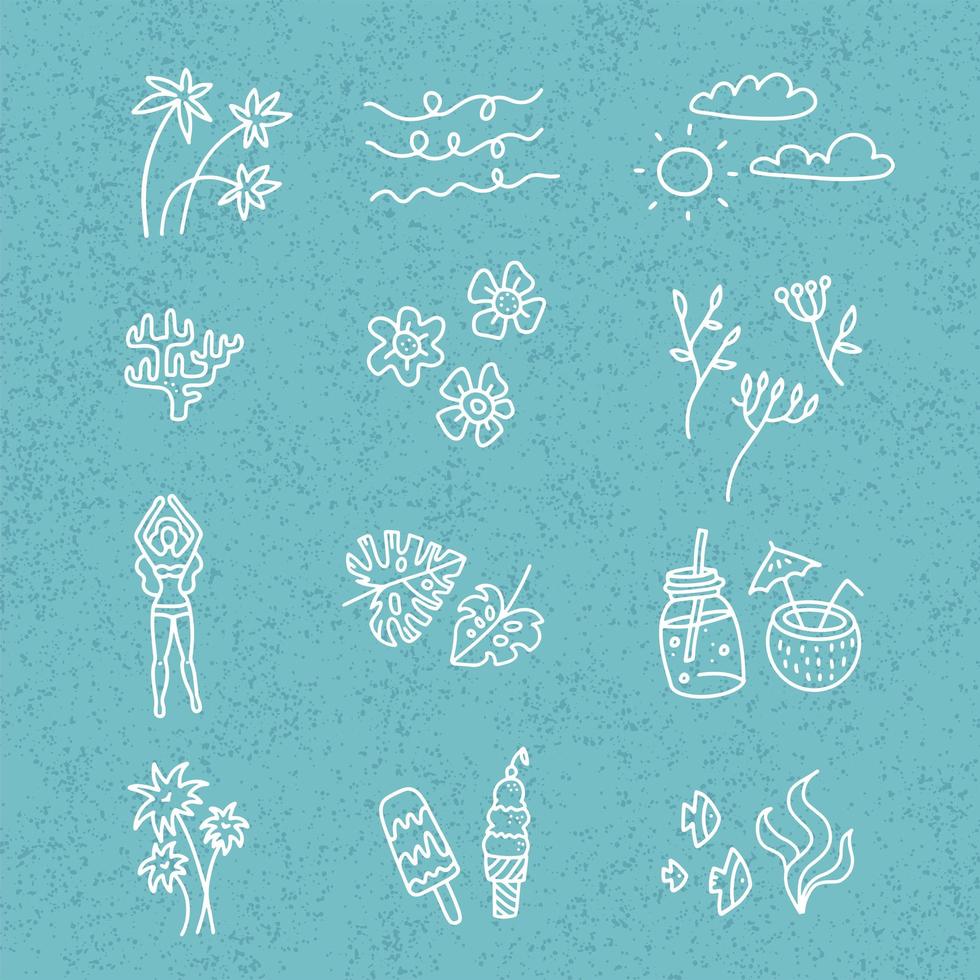 conjunto de desenhos animados de doodle desenhado à mão de vetor de linha de objetos de temporada de verão e símbolos no fundo texturizado blie. coleção de arte linear - coquetéis, flores, folhas de palmeira, sorvete.