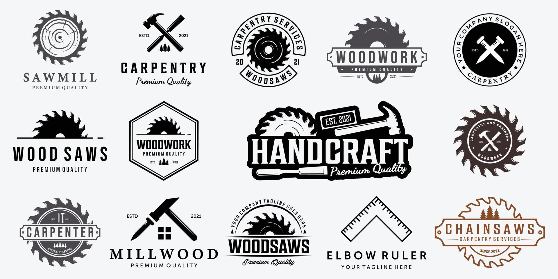 definir o logotipo de vetor de carpintaria de pacote, arte de linha vintage de carpinteiro de ilustração de design, conceito de serras de aço de martelo