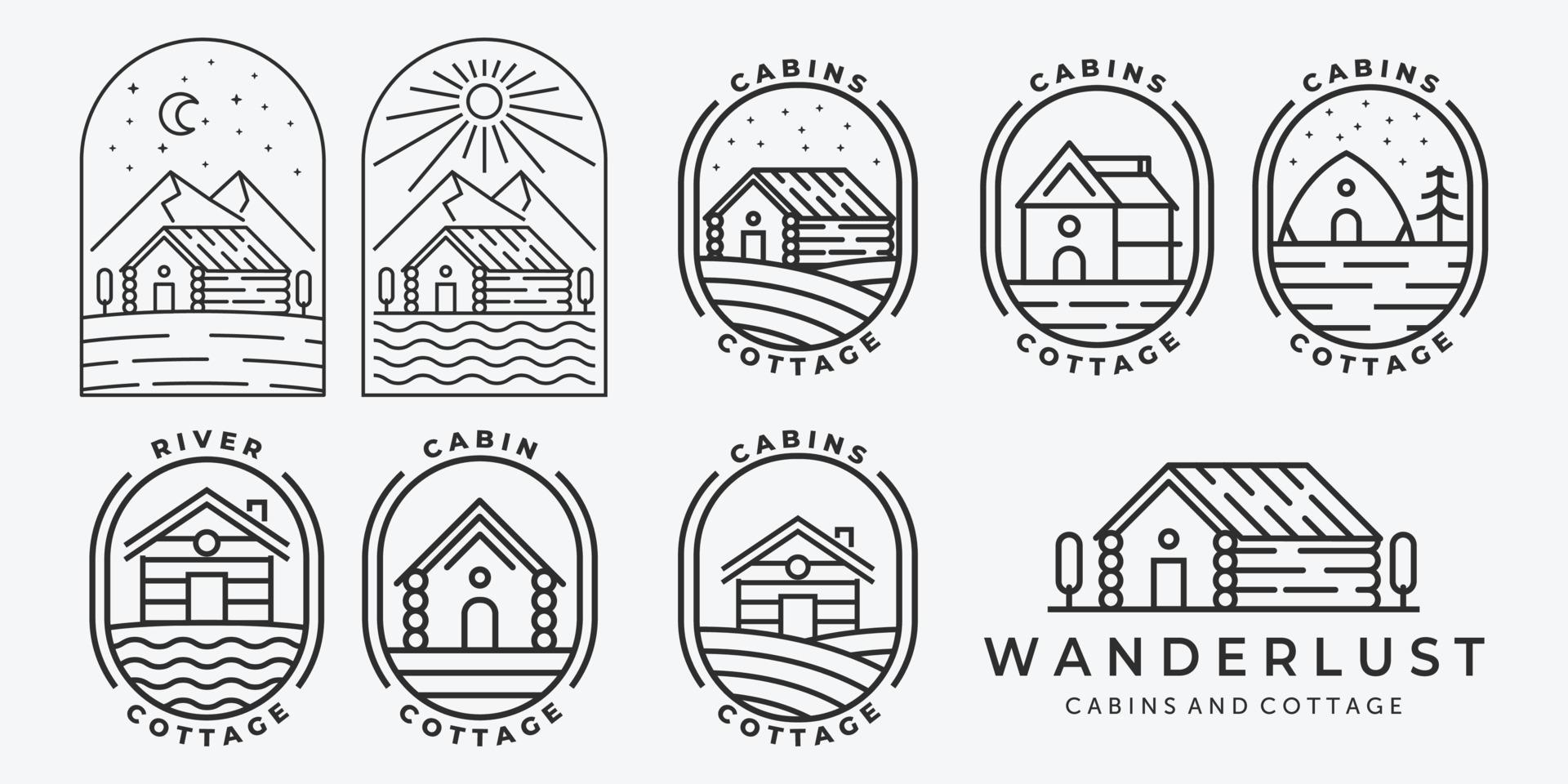 conjunto pacote de cabana cabana linha arte logotipo vetor ilustração minimalista projeto lago rio oceano onda nascer do sol floresta pinheiro