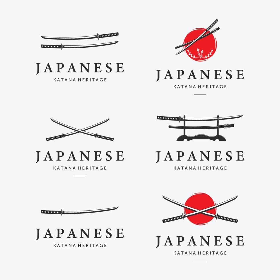 conjunto de logotipo de espada katana logotipo ninja samurai ícone vintage ilustração vetorial design herança japonesa vetor
