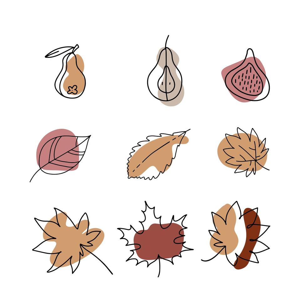 conjunto de frutas e folhas de outono desenhadas à mão. design linear com formas abstratas para pôster, têxteis de cozinha, roupas e site. ilustração vetorial mão desenhada. vetor