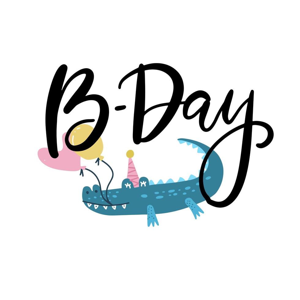 cartão de aniversário, modelo de banner com crocodilo engraçado segurando dois balão em forma de coração, ilustração vetorial de desenho animado. cartão postal de amor, impressão, banner em estilo desenhado à mão plana com letras de pincel vetor