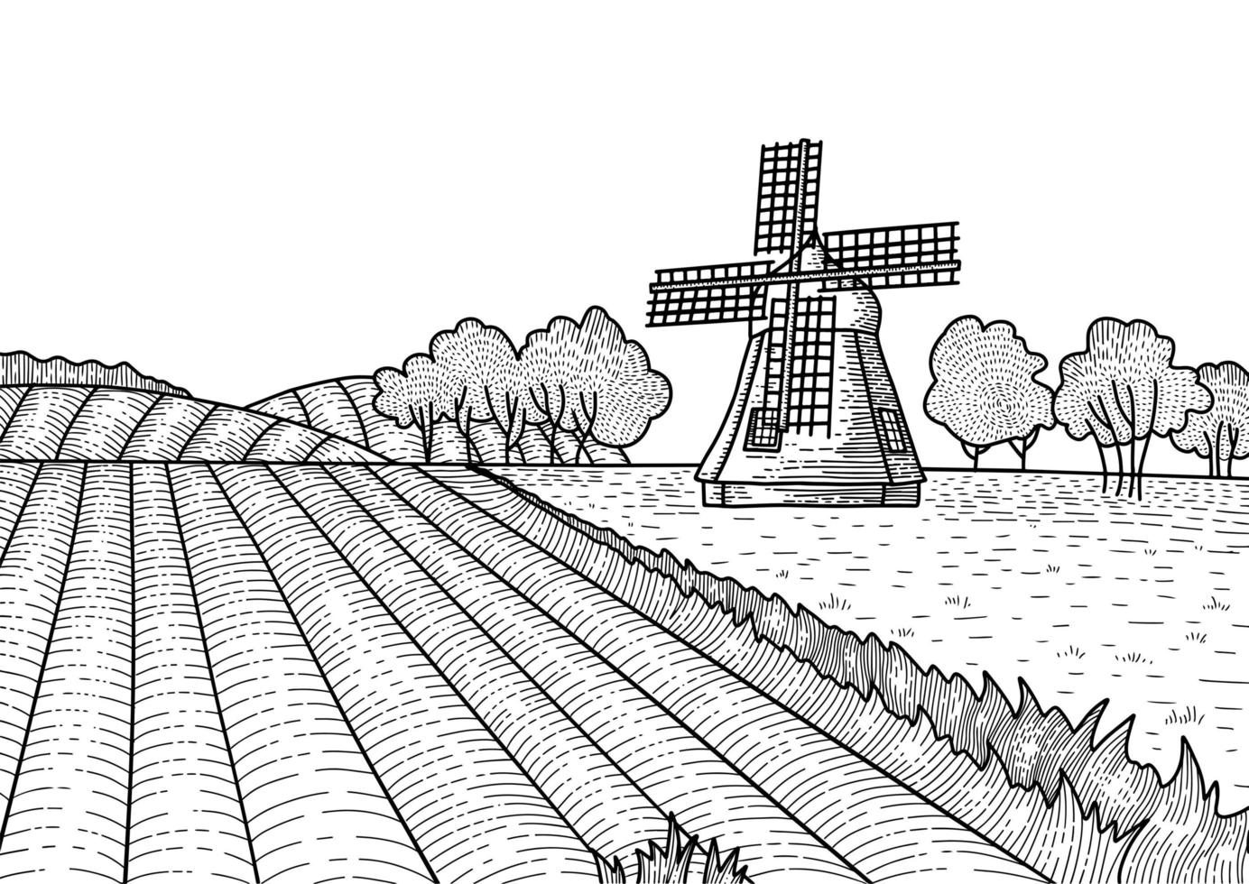 contorno tracejada da paisagem de verão com moinho de vento. paisagem rural holandesa com moinho e campo. padaria, produção agrícola orgânica, eco food. desenho gravado vintage mão desenhada de vetor. vetor
