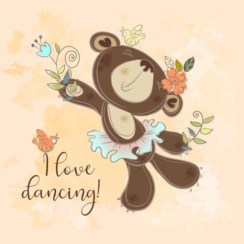 Urso de dança em um tutu. Personagem infantil bonito. Eu amo dançar. Vetor. vetor