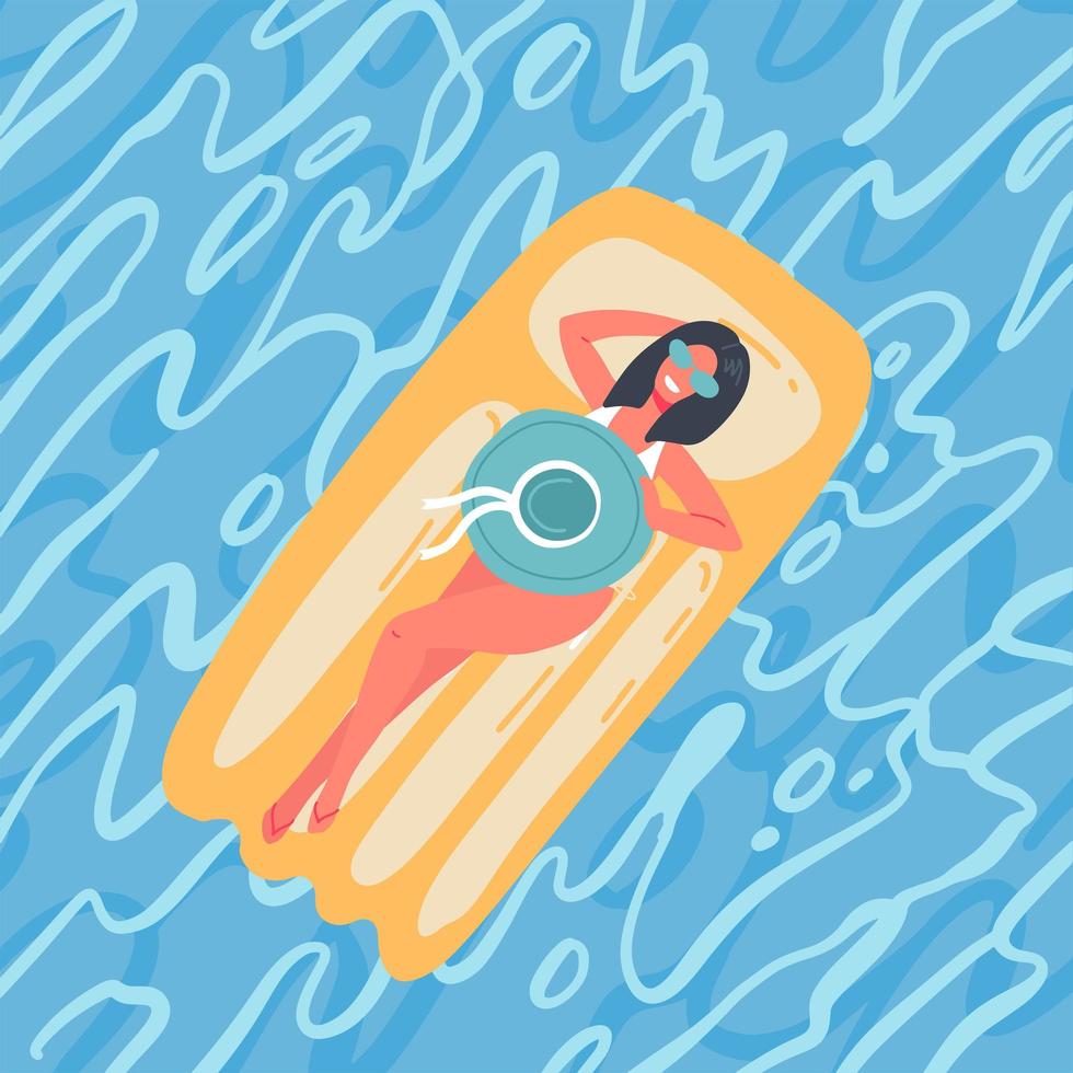 menina deitada no colchão de praia inflável em uma piscina. superfície da água do mar azul. ilustração vetorial plana desenhada à mão vetor