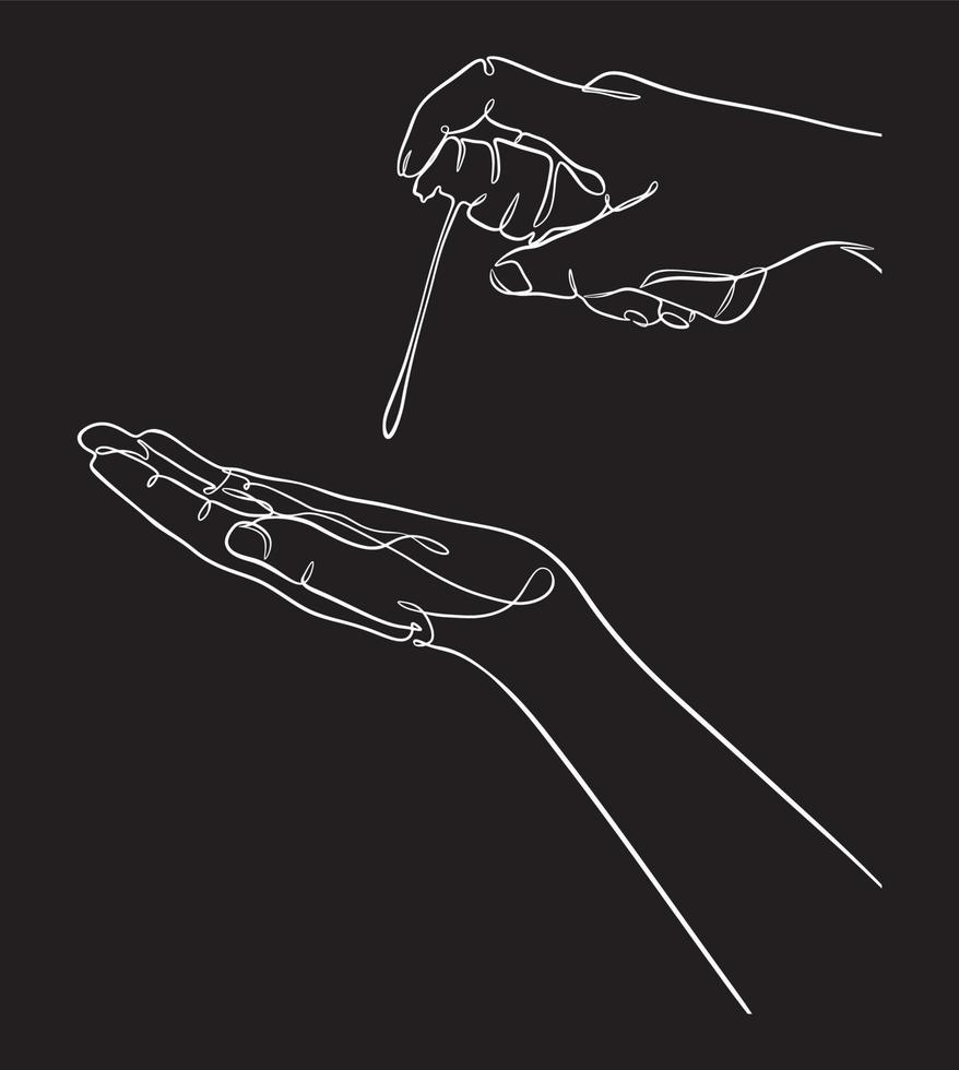 mão de mulher pulverizando desinfetante para as mãos, uma ilustração vetorial de desenho de linha contínua vetor