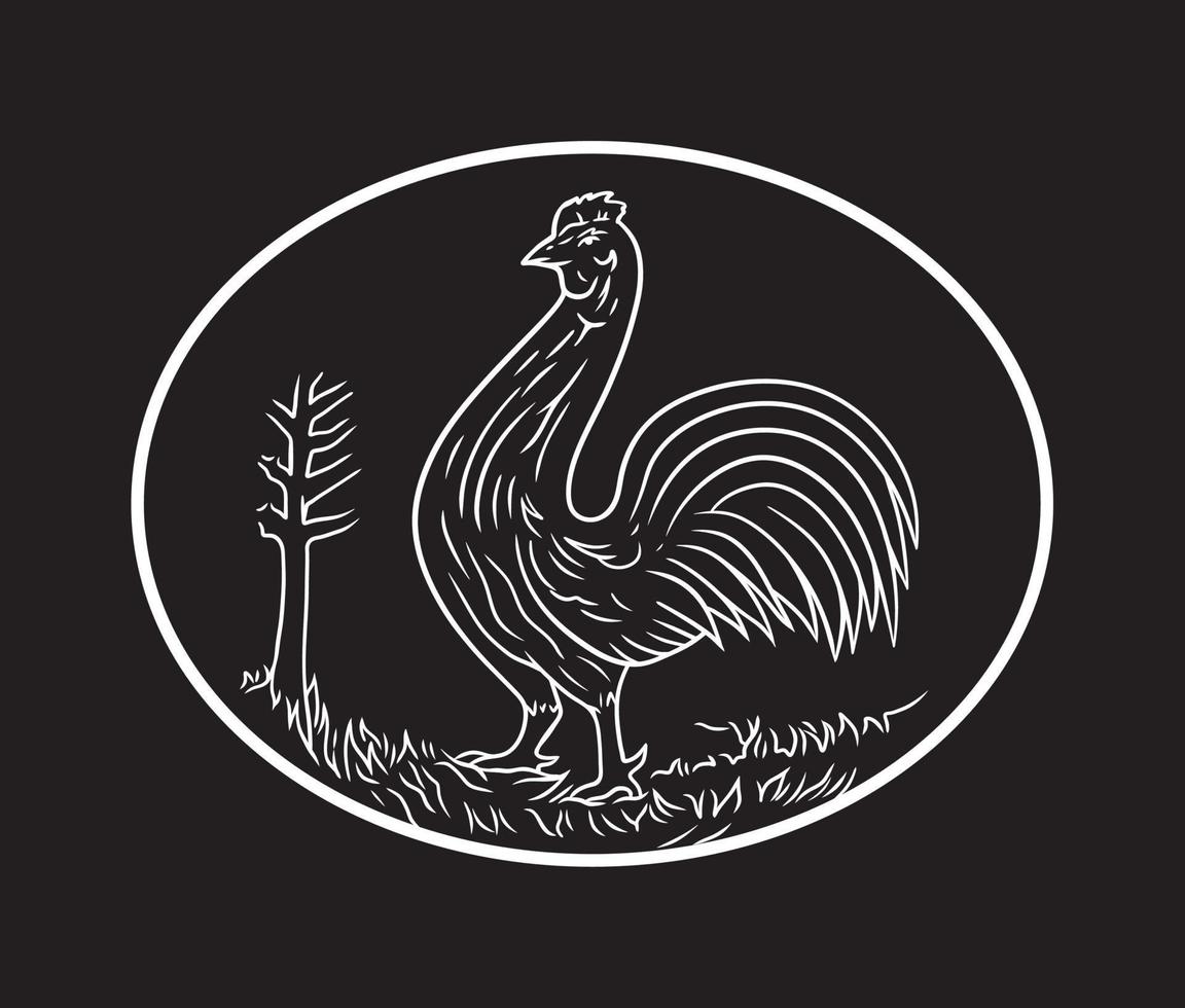 logotipo de vetor preto e branco desenhado à mão de galo em fundo preto