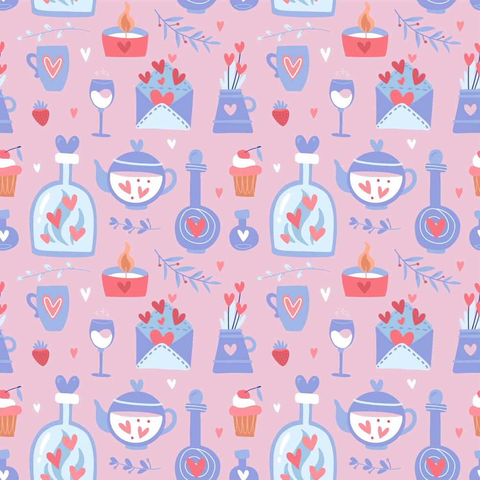 padrão perfeito de dia dos namorados com bule, xícaras, flores e corações, bolo e copos, conjunto romântico de elementos românticos em um fundo rosa, ilustração vetorial plana vetor