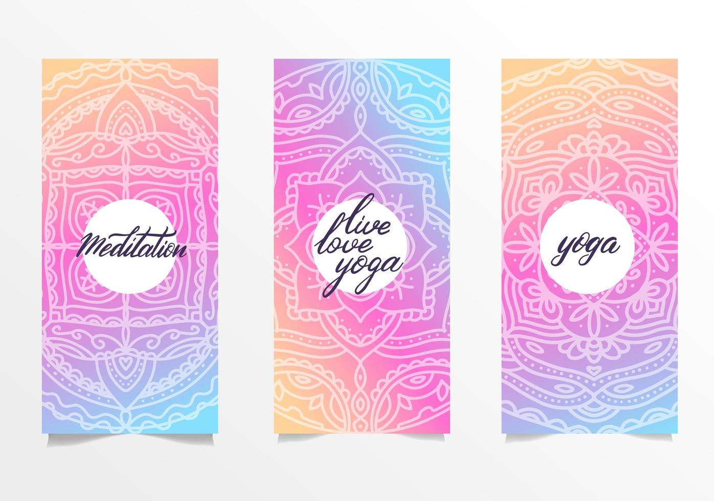 fundo brilhante de ioga. modelo com mandala em cores brilhantes para banners, sites de desenvolvimento espiritual, cartazes. conjunto de 3 folhetos com mandalas degradê e letras de pincel de mão. vetor