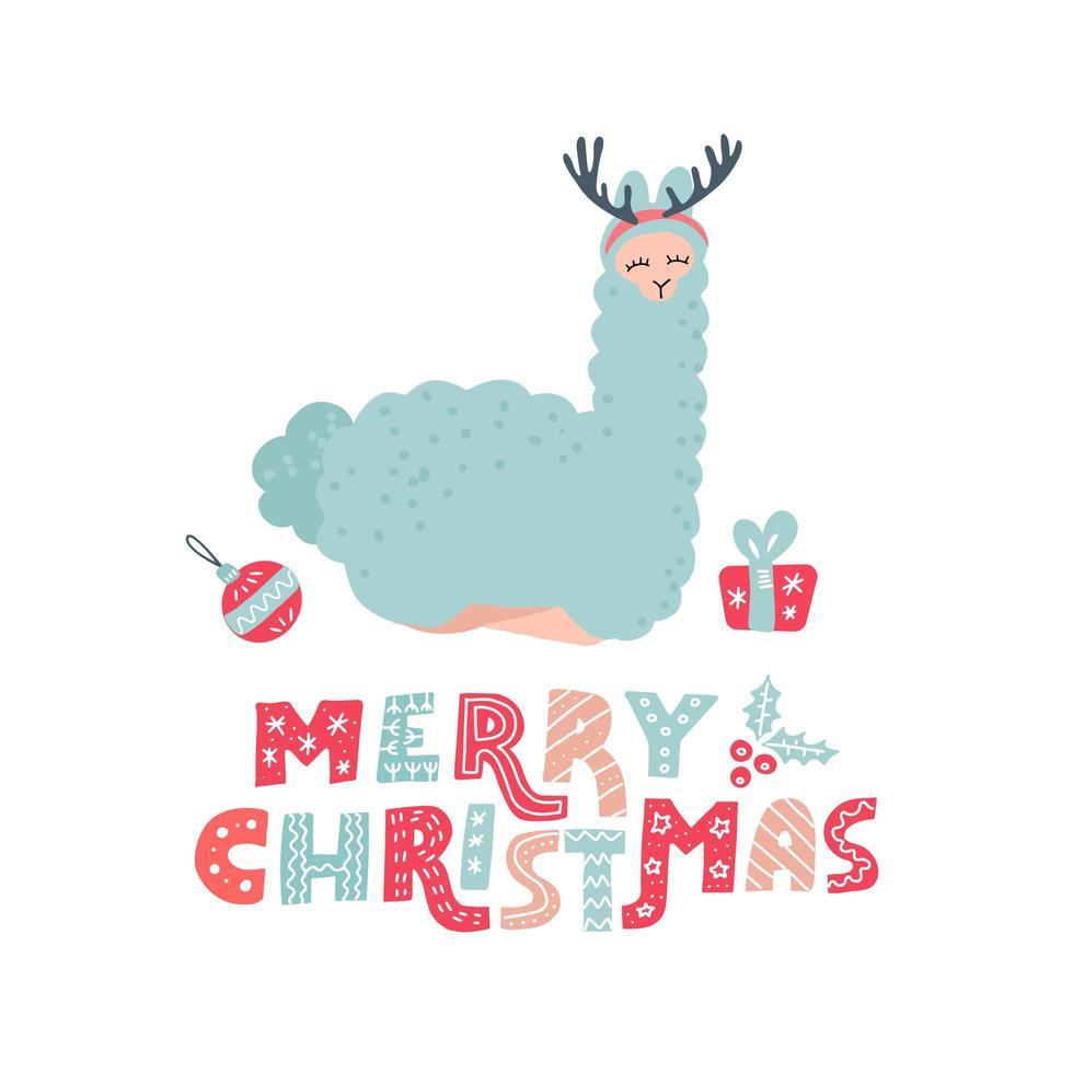 alpaca bonito dos desenhos animados com chifres aéreos para férias de natal. ilustração de cor de doodle de personagem de lhama desenhada à mão e elementos de natal com texto de letras feliz natal para pôster ou saudação vetor