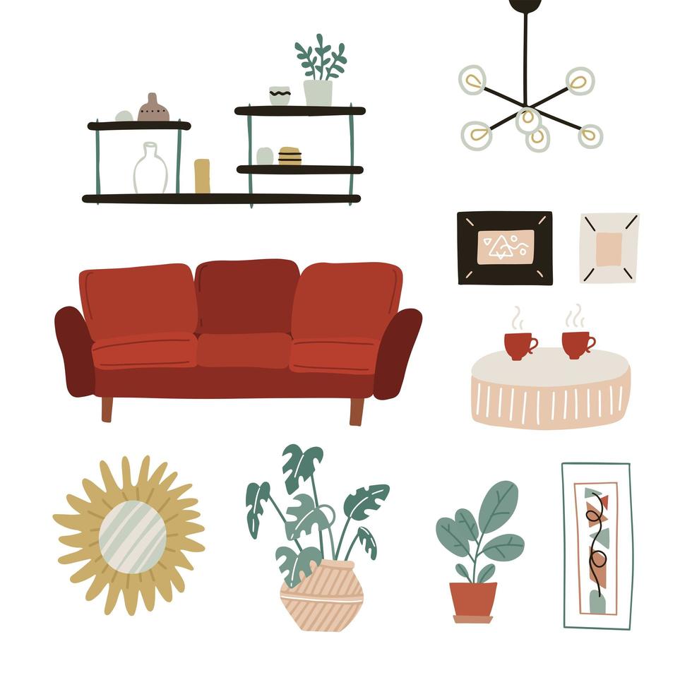 interior moderno hygge escandinavo em estilo boho. sofá vermelho, prateleiras, espelho, plantas, luminária, decoração de casa. aconchegante sala de estar interior ou conjunto de móveis de apartamento. ilustração vetorial plana vetor