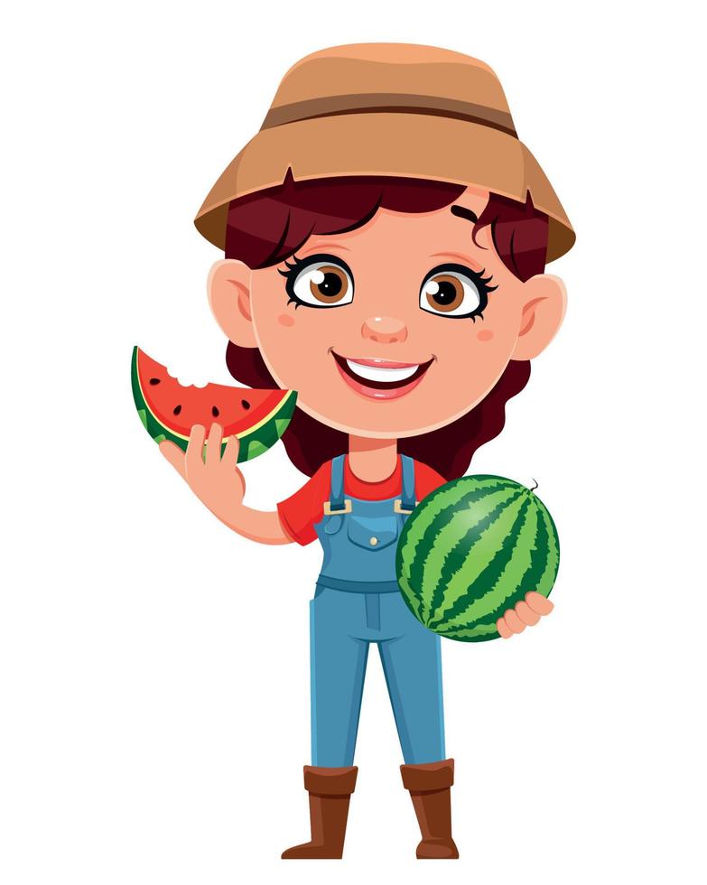 personagem de desenho animado de mulher agricultora comendo melancia vetor