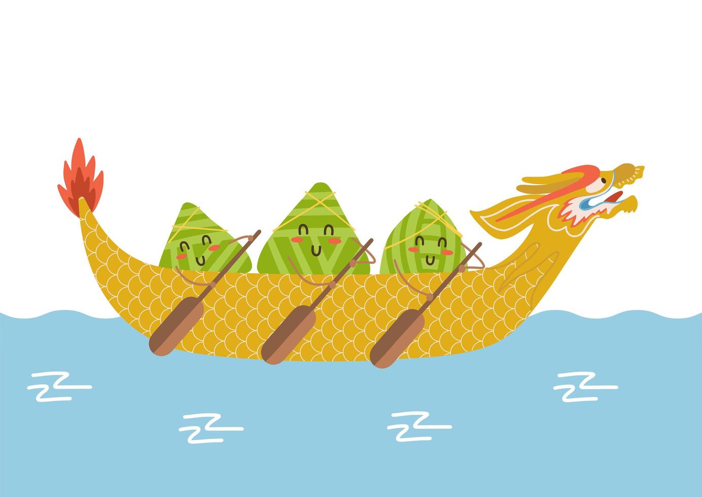 personagens de desenhos animados de bolinhos de arroz chinês kawaii. ilustração do festival do barco dragão. barco colorido em corrida na água. design de vetor plano com letras