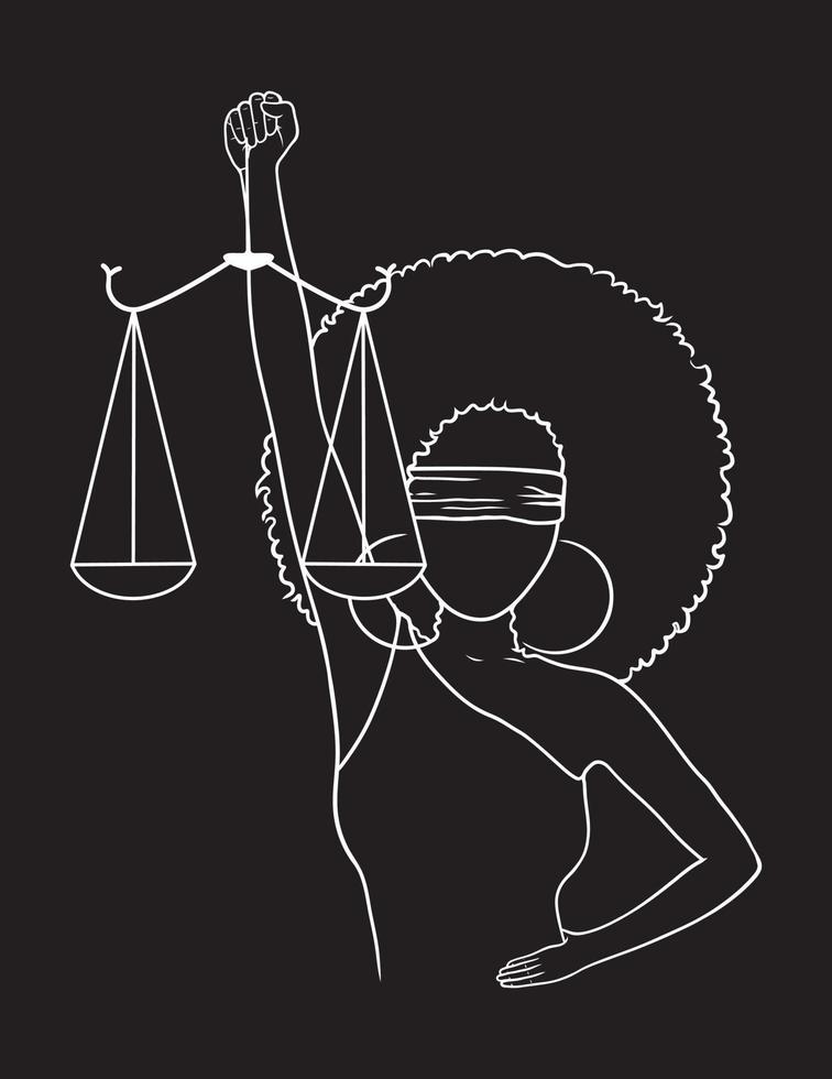 mulher afro justiça preto e branco ilustração em fundo preto vetor