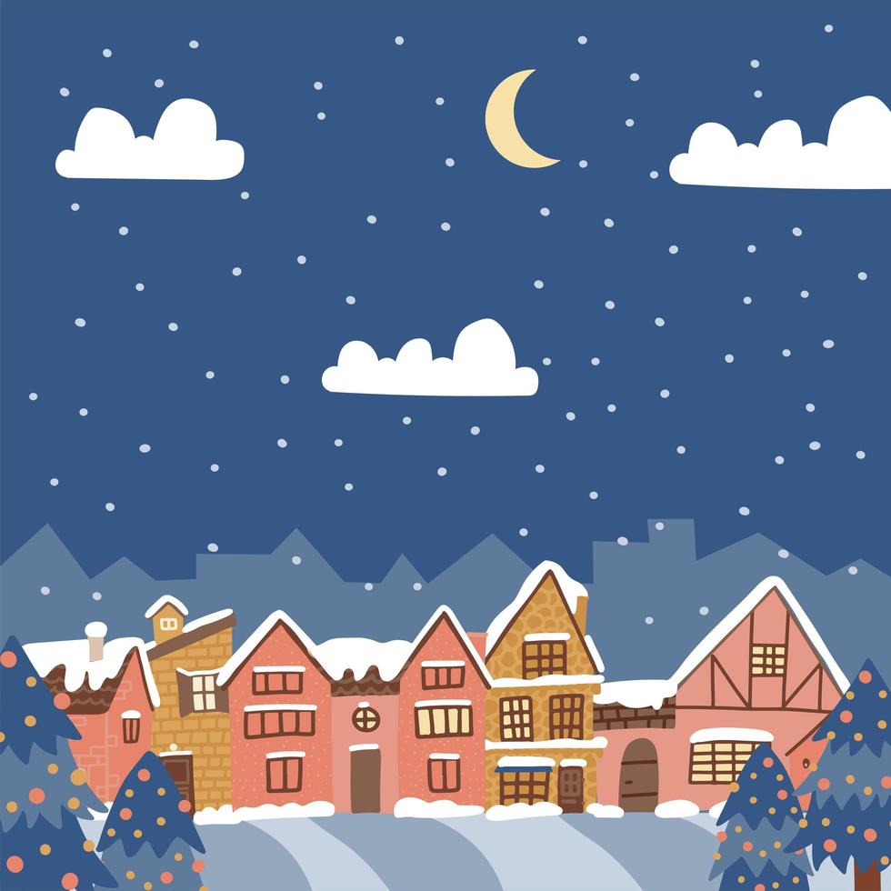 feliz natal e um feliz ano novo fundo rural. paisagem de inverno na cidade. antiga e acolhedora cidade coberta de neve no ebvening. ilustração em vetor design plano.