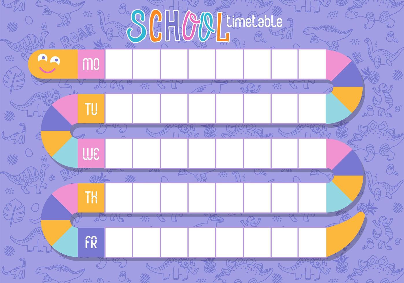 horário escolar de aulas para alunos com cobra. projetado especialmente para crianças de berçário. modelo de vetor de programação semanal. planos com dinossauros bonitos dos desenhos animados e ovos de dino em fundo lilás.