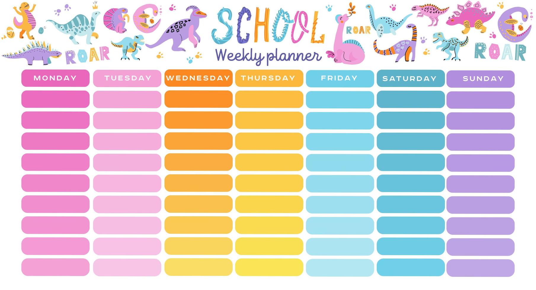 modelo de calendário escolar. ilustração inclui personagens de dinossauros de desenhos animados desenhados à mão. sete colunas de arco-íris para preencher. design de educação doodle desenhado à mão ilustração de cores planas vetor