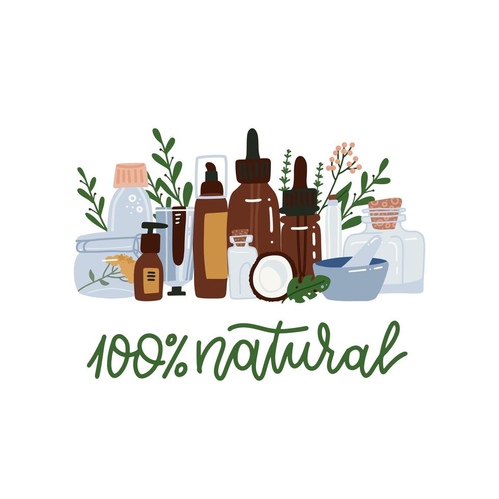 cuidados cosméticos em pé na prateleira com decoração de ramos verdes. tubos de loção, óleo, creme, esfoliante, soro. conceito de cosméticos naturais orgânicos. ilustração vetorial plana, plantas, folhas. vetor