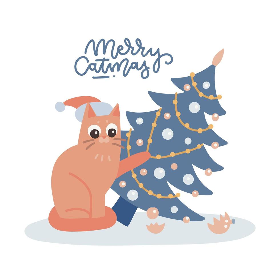 gato travesso soltando uma árvore de natal decorada. ilustração vetorial plana de natal, cartão, banner, pôster, impressão com texto de letras - feliz catmas. vetor