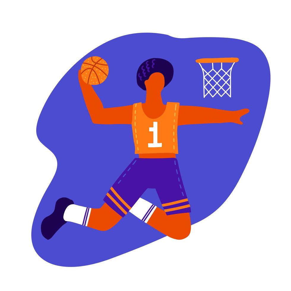 jogador de basquete masculino com bola. jogador de basquete fazendo slam dunk. mão criativa desenhada ilustração vetorial plana sobre fundo de composição abstrata. vetor
