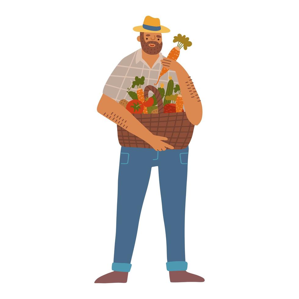 homem jardineiro de chapéu segurando a cesta cheia de legumes. mão desenhada ilustração plana. agricultor feliz e seu conceito isolado de colheita. vetor