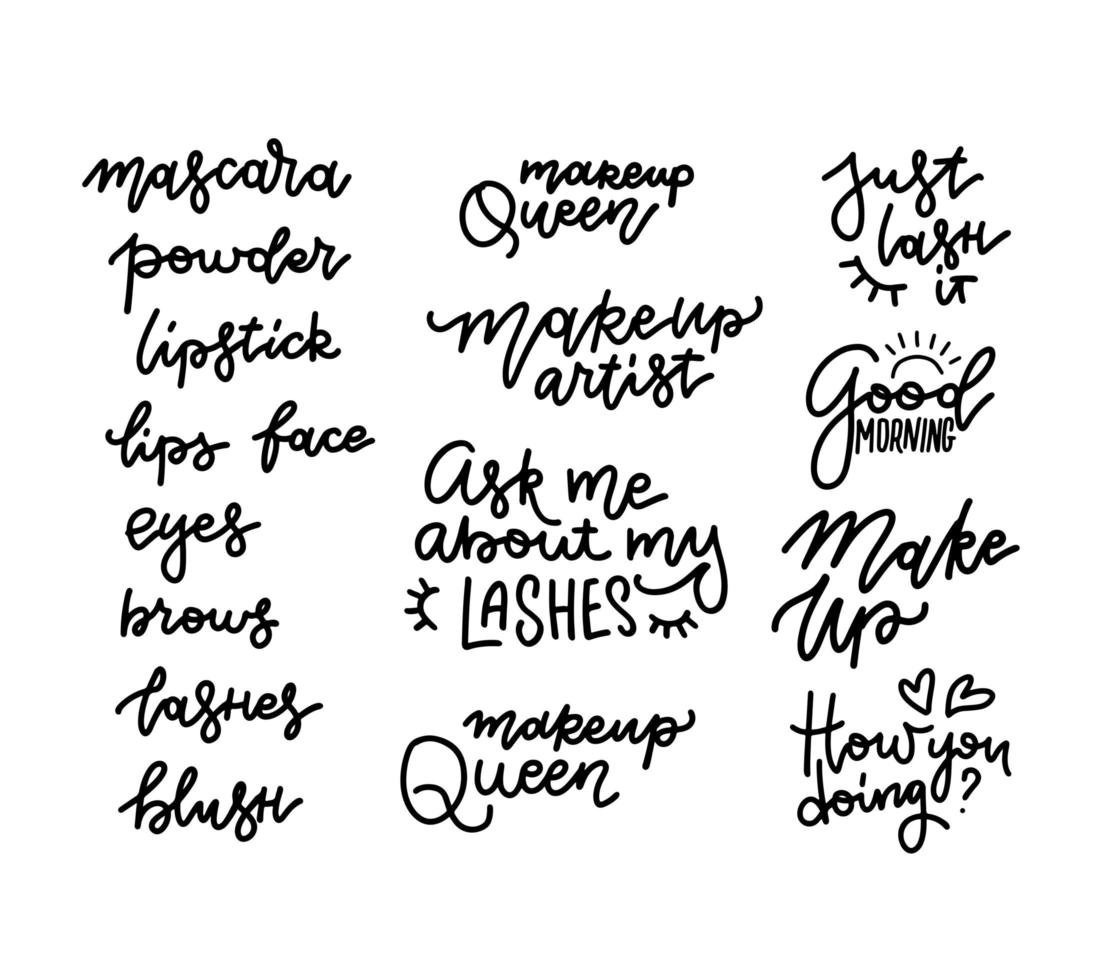 cílios, rímel, maquiagem, pó, batom - conjunto de letras com citações ou frases. ilustrações de tipografia para cartões decorativos, salão de beleza, maquiadores, adesivos. frases de moda em estilo linear vetor