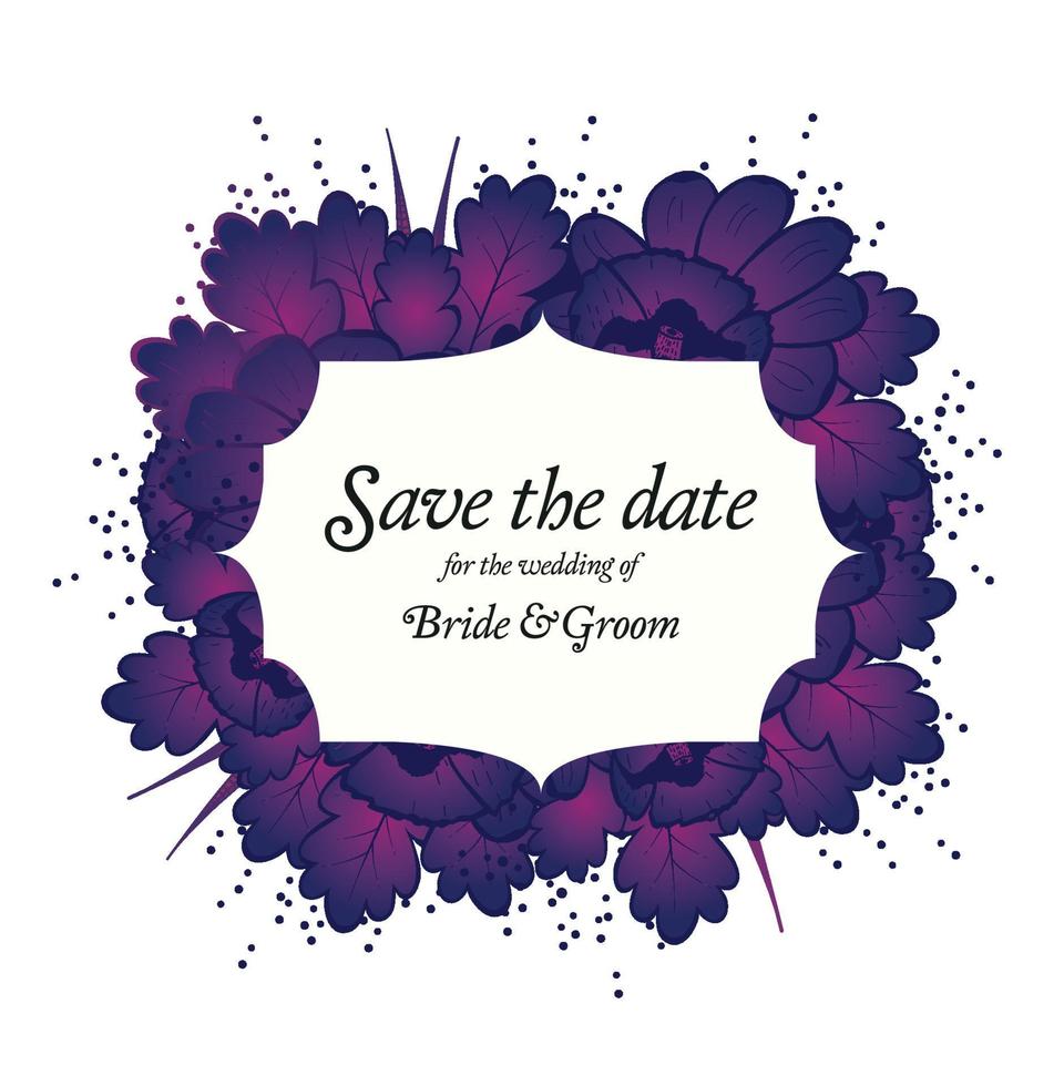 cartão de convite de casamento com flores roxas. vetor