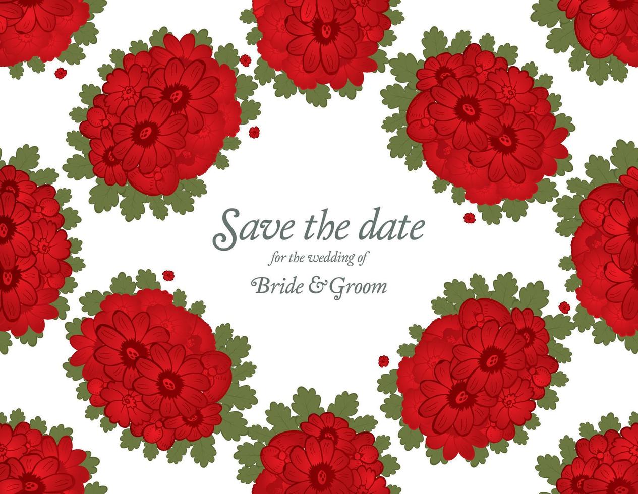 salve o modelo de cartão de convite de casamento de data com flores vermelhas. vetor