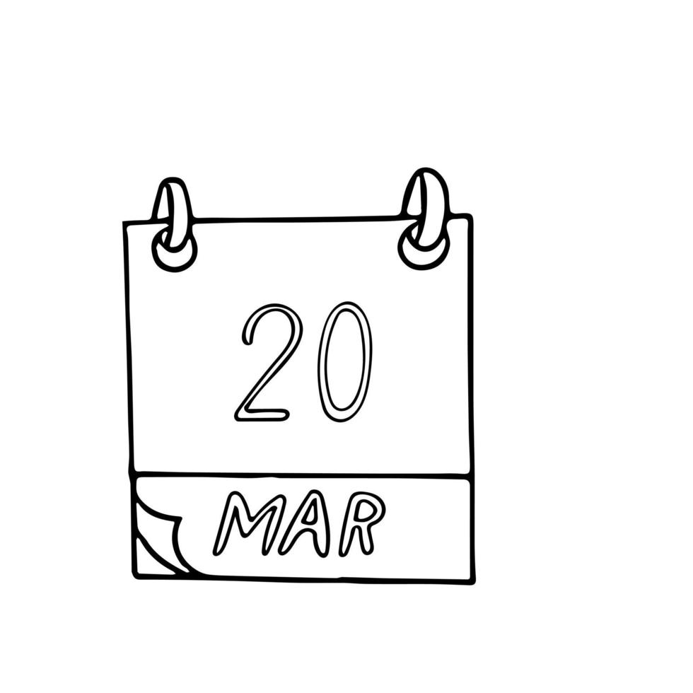calendário desenhado à mão em estilo doodle. 20 de março. dia da terra, equinócio vernal, internacional, felicidade, data. ícone, elemento de adesivo para design vetor