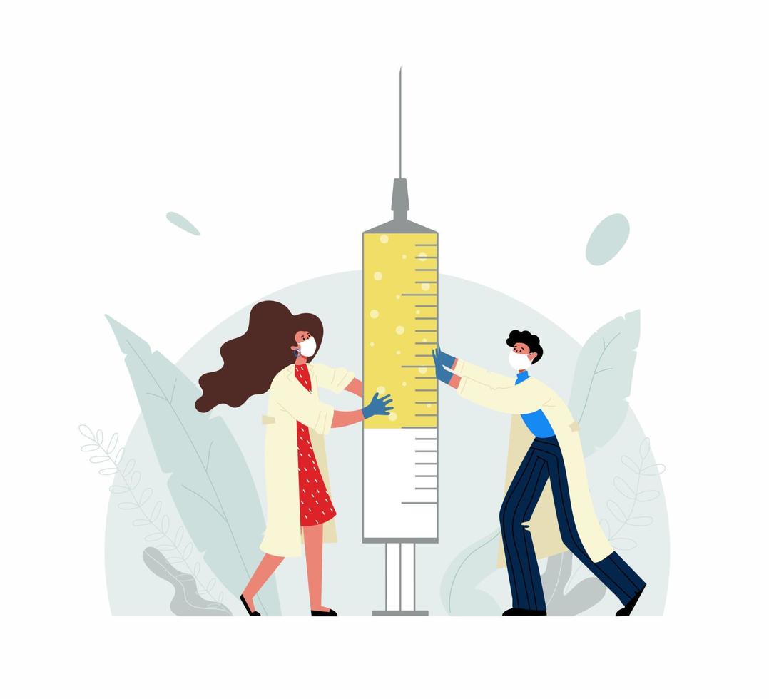 um homem e uma mulher com máscara médica estão segurando uma seringa com uma vacina. a vacinação começou. vetor