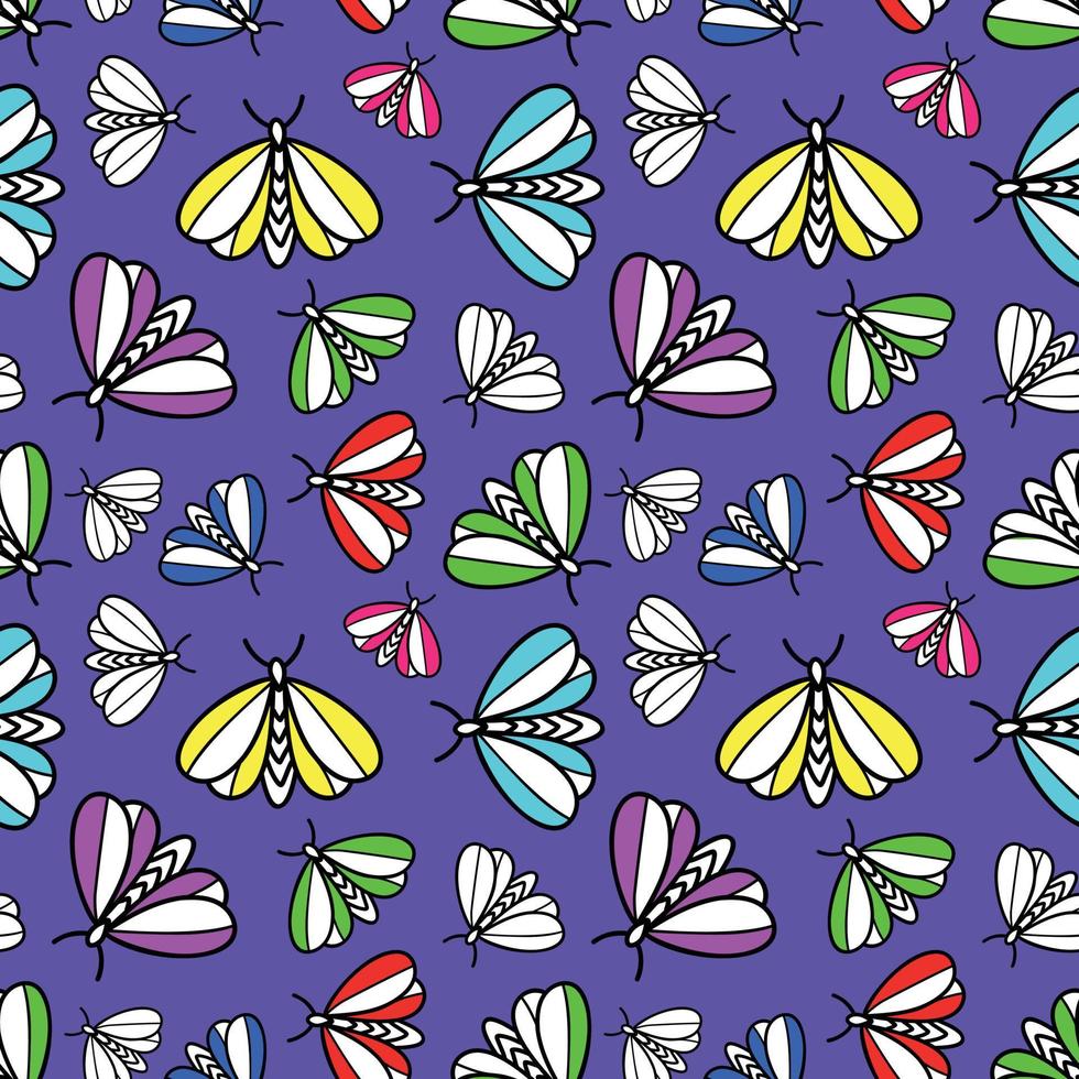 padrão de néon colorido com mariposas multicoloridas vetor