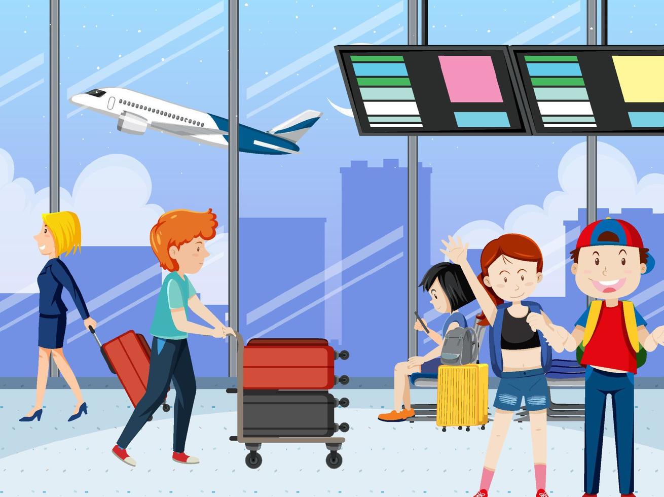 turistas no terminal do aeroporto em estilo cartoon vetor